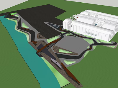 Waterfront Landscape Design With Modern Building Curved Walkways And Green Spaces 3d model