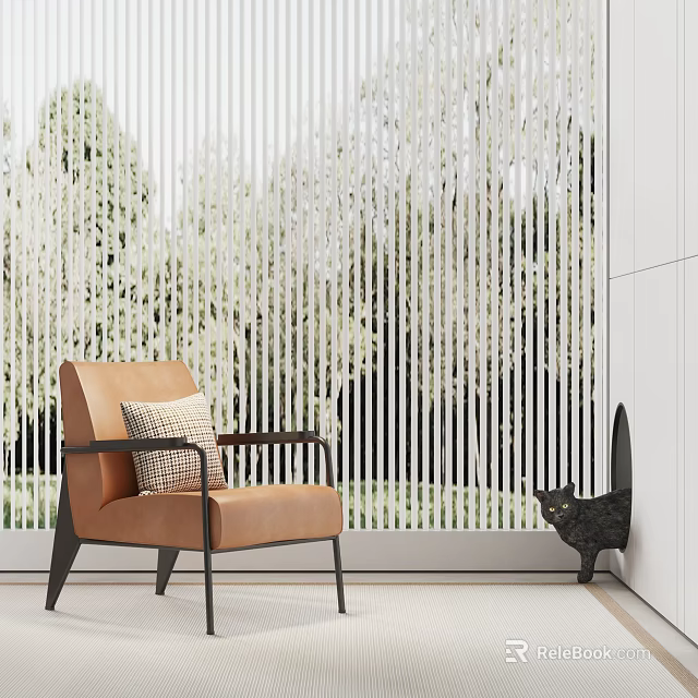 Brown Single-seat Sofa With Cushion By Vertical Striped Curtains And Black Cat 3d model 