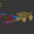 Brown Horse Pulling Wooden Wagon With Harness On Gray Background Surface