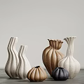Artistic Ceramic Decorative Ornament Set With Textured Vases In White Brown Black
