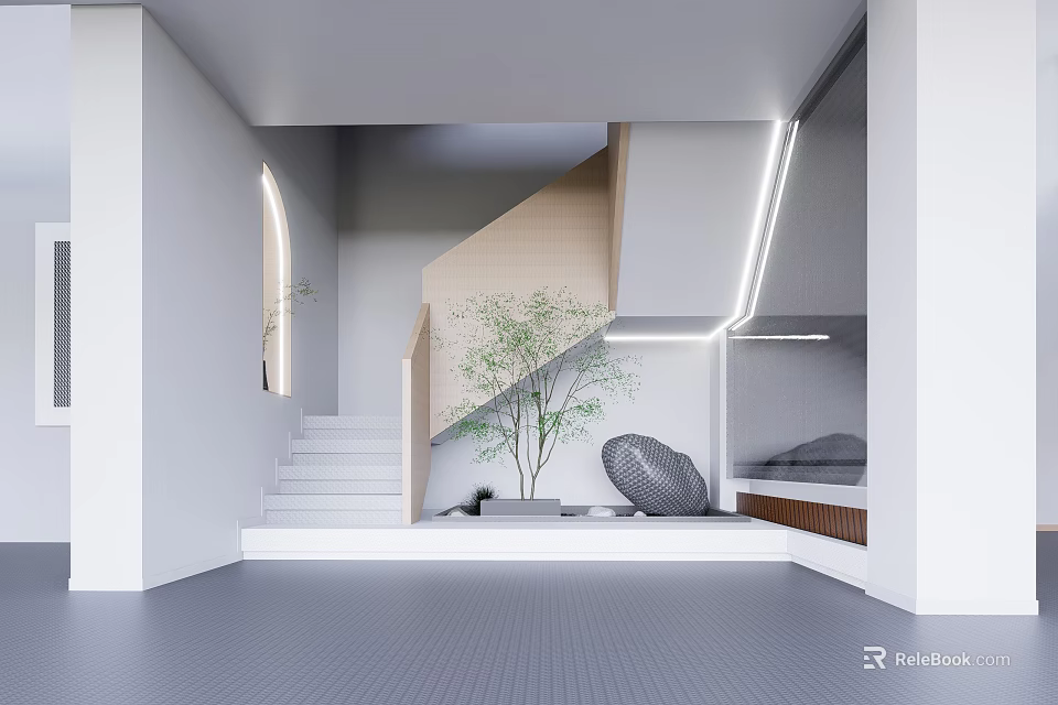 Modern Staircase Interior Design With Wooden Structure Green Plant And Stone Decoration 3d model 