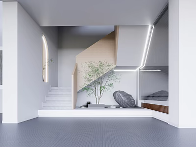 Modern Staircase Interior Design With Wooden Structure Green Plant And Stone Decoration 3d model