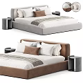 Modern Upholstered Double Bed Design With White Striped Bedspread White and Brown Pillows and Black Nightstands