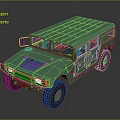 Green Military Off Road Vehicle With Roof Headlights And Red Tires