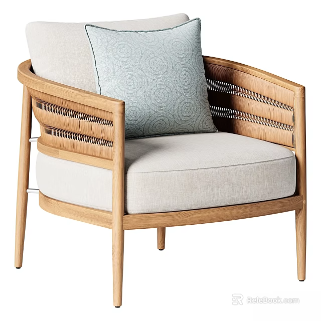 Leisure Chair With Wooden Frame Woven Armrests Light Fabric And Circular Pattern Cushion 3d model 