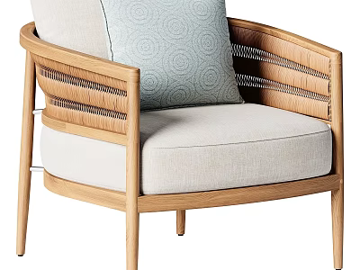 Leisure Chair With Wooden Frame Woven Armrests Light Fabric And Circular Pattern Cushion 3d model