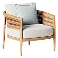 Leisure Chair With Wooden Frame Woven Armrests Light Fabric And Circular Pattern Cushion