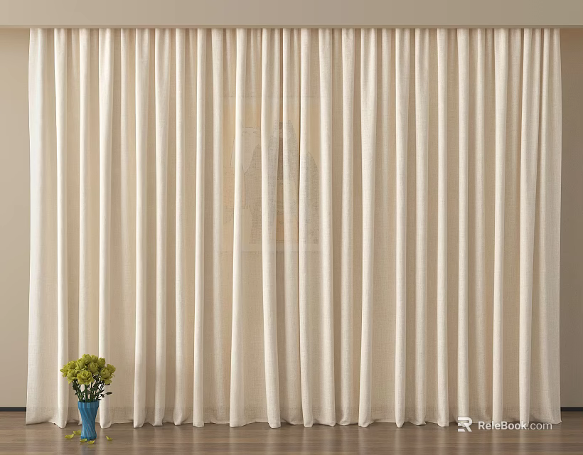 Beige Linen Curtains With Elegant Drape And Blue Vase With Green Plants 3d model 