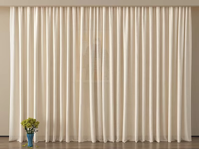Beige Linen Curtains With Elegant Drape And Blue Vase With Green Plants 3d model