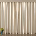 Beige Linen Curtains With Elegant Drape And Blue Vase With Green Plants