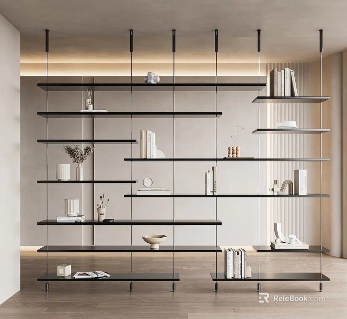 Modern Black Metal Frame Glass Display Shelves With Books Decorations And Vases 3d model 