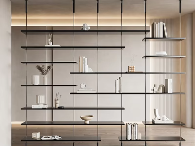 Modern Black Metal Frame Glass Display Shelves With Books Decorations And Vases 3d model