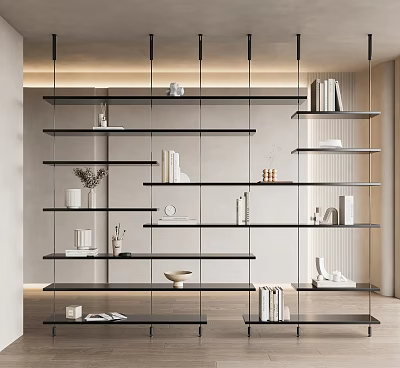 Modern Black Metal Frame Glass Display Shelves With Books Decorations And Vases 3d model