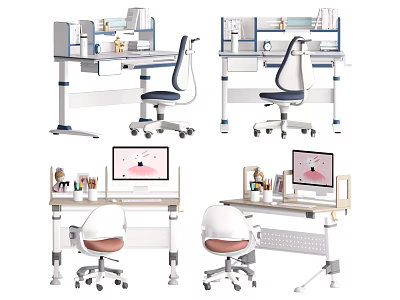 Modern Kids Study Desk With Matching Chair Adjustable Height And Built in Storage Shelves 3d model