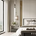 Modern Bedroom Interior Design With Striped Headboard Wall Pendant Lights Nightstands And Bed Bench