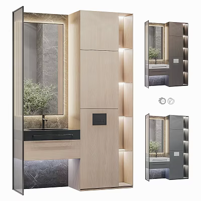 Modern Bathroom Vanity Design With Wooden Cabinet Mirror LED Lighting And Stone Countertop 3d model