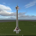 Modern Red And White Tower With Spire Top On Green Field And Blue Sky