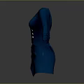 Dark Blue Long Sleeve Dress with Three Rows of Buttons and Pleated Waist