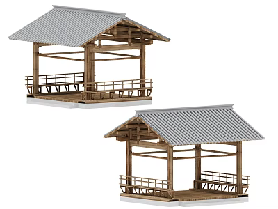 Traditional Wooden Pavilions With Gray Tile Roofs Railings And Wooden Base 3d model