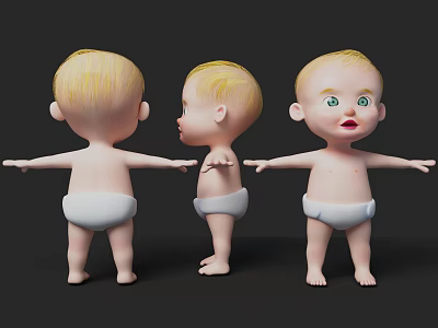 Cute Baby 3D Model Showing Three Angles With Blonde Hair White Diaper And Arms Outstretched 3d model