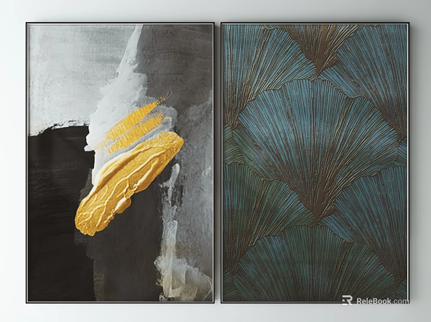 Modern Abstract Decorative Paintings With Yellow Brush Strokes And Blue Fan Patterns 3d model 