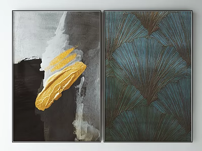 Modern Abstract Decorative Paintings With Yellow Brush Strokes And Blue Fan Patterns 3d model