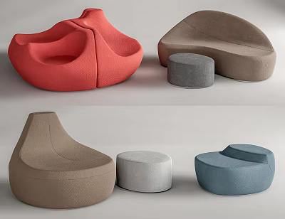 Upholstered Bean Bag Chairs In Modern Design With Various Colors And Shapes 3d model