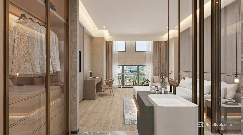 Modern Hotel Guest Room Interior With Bathtub King Bed Windows Curtains And Wooden Flooring 3d model 