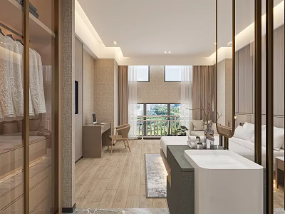 Modern Hotel Guest Room Interior With Bathtub King Bed Windows Curtains And Wooden Flooring 3d model