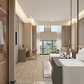 Modern Hotel Guest Room Interior With Bathtub King Bed Windows Curtains And Wooden Flooring
