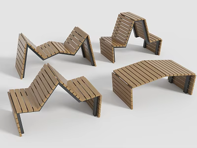 Modern Outdoor Landscape Seats With Curved Wooden Slats And Metal Frames 3d model