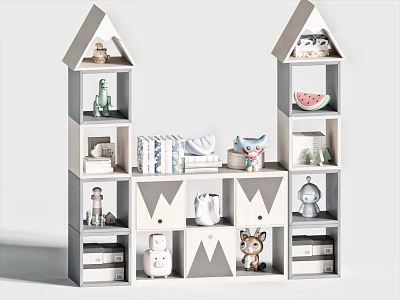 House Shaped White and Gray Decorative Cabinet with Storage Shelves and Ornaments 3d model