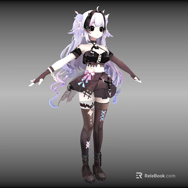 Game Anime Character With Purple White Long Curly Hair And Black Outfit With Cross Decorations 3d model 
