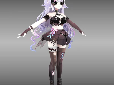 Game Anime Character With Purple White Long Curly Hair And Black Outfit With Cross Decorations 3d model