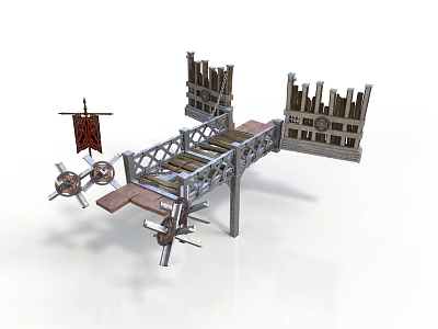 Ancient Medieval Siege War Machine Wooden Structure With Wheels And Flag 3d model