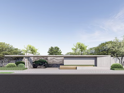 Modern Entrance Gate Design With Stone Wall Green Bushes And Bench 3d model