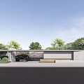 Modern Entrance Gate Design With Stone Wall Green Bushes And Bench