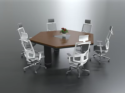 Modern Hexagonal Wooden Top Conference Table with White Office Chairs and Flower Pot Centerpiece 3d model