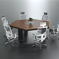 Modern Hexagonal Wooden Top Conference Table with White Office Chairs and Flower Pot Centerpiece