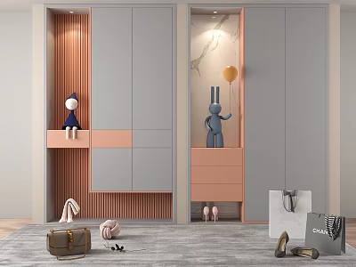 Modern Shoe Cabinet With Gray Pink Design Storage Drawers And Decorative Dolls 3d model