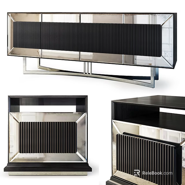 Modern Sleek TV Stand with Black Finish Silver Metal Frame Glass Panels and Storage Cabinets 3d model 