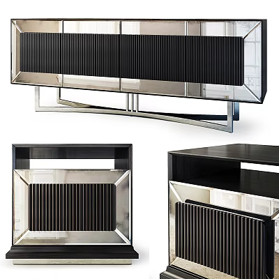 Modern Sleek TV Stand with Black Finish Silver Metal Frame Glass Panels and Storage Cabinets 3d model
