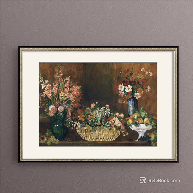 Still Life Botanical Painting With Framed Design Vases Flower Bouquets And Fruit Basket 3d model 