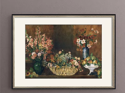 Still Life Botanical Painting With Framed Design Vases Flower Bouquets And Fruit Basket 3d model