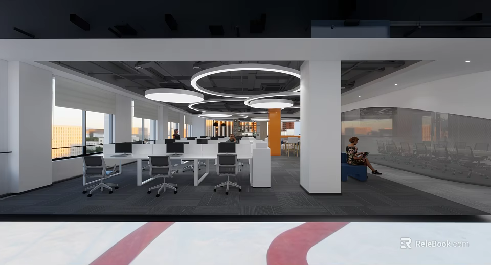 Modern Public Office Space With Open Layout White Desks Black Chairs Round Lighting And Windows 3d model 