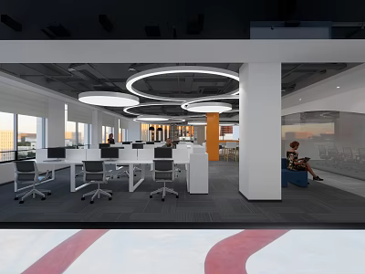 Modern Public Office Space With Open Layout White Desks Black Chairs Round Lighting And Windows 3d model
