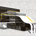 Modern Multi Level Building Design Featuring Curved White Yellow Accents And Large Glass Windows