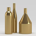 Three Golden Metallic Vases With Shiny Finish And Various Shapes