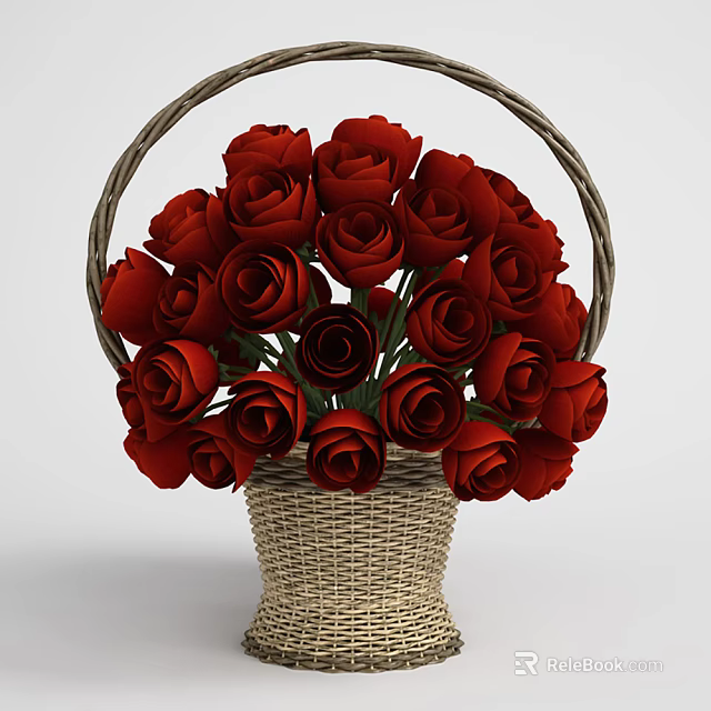 Woven Basket Vase with Fresh Red Roses Floral Arrangement for Home Decor 3d model 