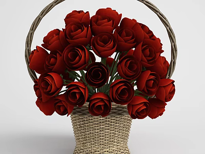 Woven Basket Vase with Fresh Red Roses Floral Arrangement for Home Decor 3d model